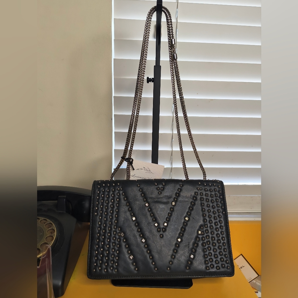 MCM Black Flap Leather Crossbody Shoulder Bag W Swarovski Crystals Silver Chain